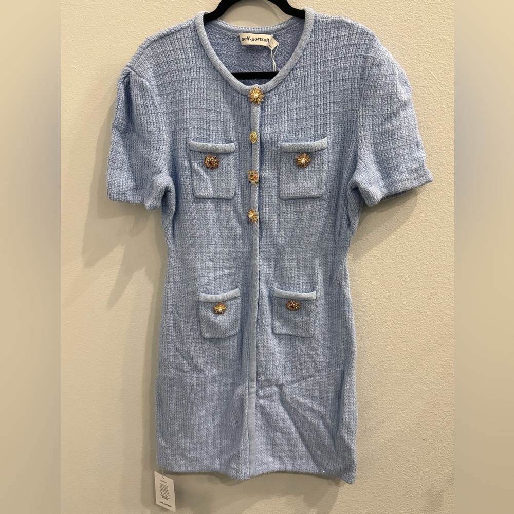 NWT Self-Portrait Blue Embellished Gold Button Knit Mini Dress Sz Large - Picture 5 of 10